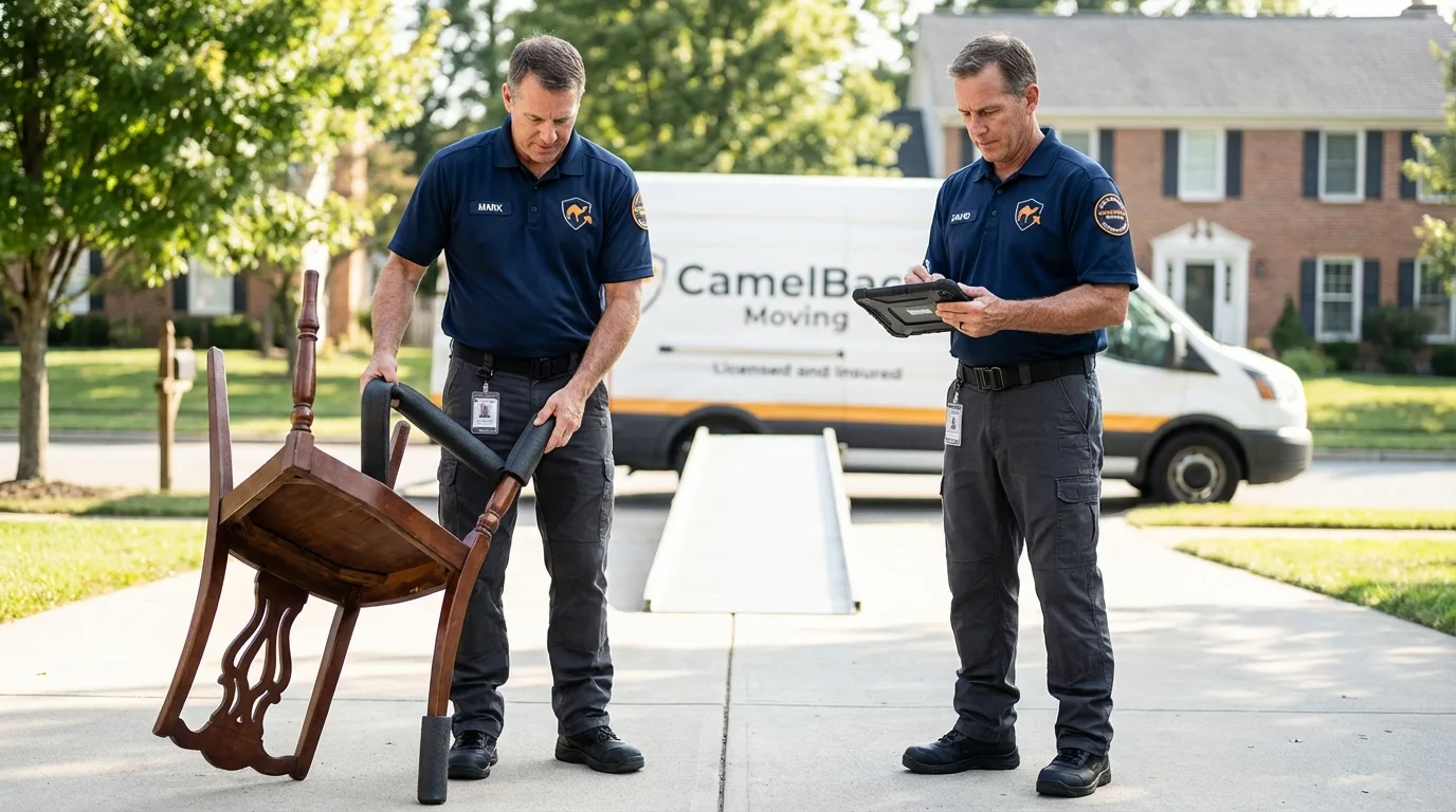 Movers inspecting furniture for damage prevention before loading in Temple, NH